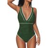 CUPSHE Women’s One Piece Swimsuit V Neck Shell Stitched Bathing Suit Adjustable Crisscross Strappy Ruched Swimwear(Green)