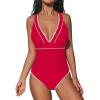 CUPSHE Women’s One Piece Swimsuit V Neck Shell Stitched Bathing Suit Adjustable Crisscross Strappy Ruched Swimwear(Red)