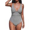 CUPSHE Women’s One Piece Swimsuit Wide Straps V Neck Ruched Textured Ribbed Twist Back(Black/Striped)