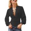CUPSHE Women’s Plunge V-neck Lace Trim Long Sleeve Bodysuit Party Shirred Bottoming Blouse Tops(Black)