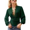 CUPSHE Women’s Plunge V-neck Lace Trim Long Sleeve Bodysuit Party Shirred Bottoming Blouse Tops(Green)