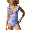 CUPSHE Women’s Ruffled One Piece Swimsuit V Neck Lace Up(Blue/Pink Floral)