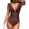 CUPSHE Women’s Ruffled One Piece Swimsuit V Neck Lace Up(Chocolate Brown)