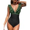 CUPSHE Women’s Ruffled One Piece Swimsuit V Neck Lace Up(Forest Green/Black)