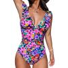 CUPSHE Women’s Ruffled One Piece Swimsuit V Neck Lace Up(Magenta Ditsy Print)