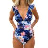 CUPSHE Women’s Ruffled One Piece Swimsuit V Neck Lace Up(Navy Blue / Daisy)