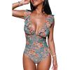 CUPSHE Women’s Ruffled One Piece Swimsuit V Neck Lace Up(Pine Green/Red Floral)
