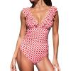 CUPSHE Women’s Ruffled One Piece Swimsuit V Neck Lace Up(Red Pink Gingham)