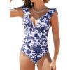 CUPSHE Women’s Ruffled One Piece Swimsuit V Neck Lace Up(White/Navy Floral)