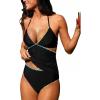 CUPSHE Women’s Tankini Sets V Neck Two Piece Swimsuit Adjustable Halter Straps Hook Swimwear Shell Stitch Cutout(Black)