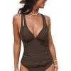 CUPSHE Women’s Tankini Top Deep V Neck Swimsuit Crisscross Adjustable Straps Swimwear Top Only Ruched Bathing Suit(Brown)