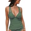 CUPSHE Women’s Tankini Top Deep V Neck Swimsuit Crisscross Adjustable Straps Swimwear Top Only Ruched Bathing Suit(Forest Green)