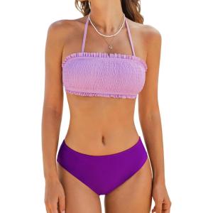 CUPSHE Bikini Set for Women Two Piece Swimsuit Bandeau Top Back Tie Mid Waisted Bottom with Removable Shoulder Straps(Lavender/Dark Purple)