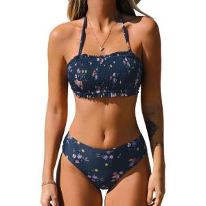 CUPSHE Bikini Set for Women Two Piece Swimsuit Bandeau Top Back Tie Mid Waisted Bottom with Removable Shoulder Straps(Navy Floral)