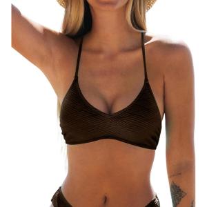 CUPSHE Bikini Top for Women Bathing Suit Criss Cross Self Tie Spaghetti Straps V Neck(Chocolate Brown)