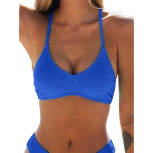 CUPSHE Bikini Top for Women Bathing Suit Criss Cross Self Tie Spaghetti Straps V Neck(Cobalt Blue)