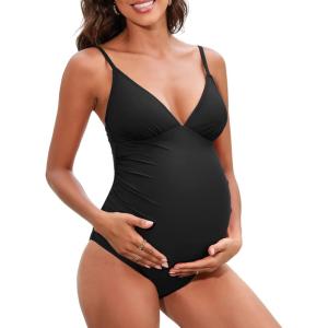 CUPSHE Maternity Swimsuit for Women One Piece Swimsuits Pregnancy Swimwear Spaghetti Straps Ruched Adjustable(Black)