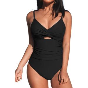 CUPSHE One Piece Swimsuit for Women Bathing Suits Twist Front Cutout Adjustable Straps Ruched Swimwear(Black)