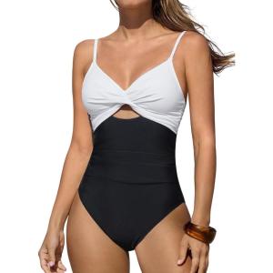 CUPSHE One Piece Swimsuit for Women Bathing Suits Twist Front Cutout Adjustable Straps Ruched Swimwear(Black/White)