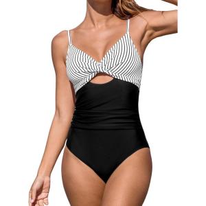 CUPSHE One Piece Swimsuit for Women Bathing Suits Twist Front Cutout Adjustable Straps Ruched Swimwear(Black/White/Stripe)