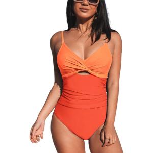 CUPSHE One Piece Swimsuit for Women Bathing Suits Twist Front Cutout Adjustable Straps Ruched Swimwear(Orange Color Block)