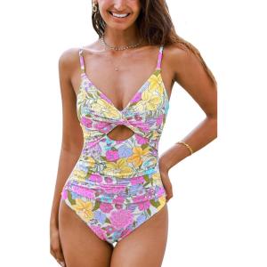 CUPSHE One Piece Swimsuit for Women Bathing Suits Twist Front Cutout Adjustable Straps Ruched Swimwear(Yellow/Pink/Floral)