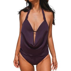 CUPSHE Tankini Bathing Suit for Women Halter Deep V Cowl Neck Low Back Swimsuit(Plum Purple)