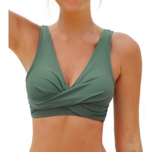 CUPSHE Women Swimsuit Bikini Top Wrap Self Tie Bathing Suit with Fixed Wide Straps(Dark Green)