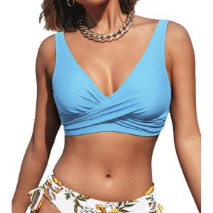 CUPSHE Women Swimsuit Bikini Top Wrap Self Tie Bathing Suit with Fixed Wide Straps(Light Blue)