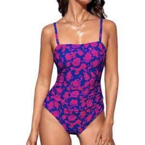 CUPSHE Women Swimsuit One Piece Bathing Suit Square Neck Cutout Back Tummy Control with Adjustable Spaghetti Straps(Navy Blue/Magenta Floral)