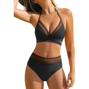 CUPSHE Women’s Bikini Sets Halter V Neck Self Tied Straps Bathing Suit High Rise Mesh Edge Light Support(Black)