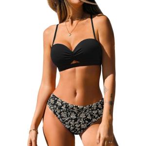 CUPSHE Women’s Bikini Sets Sweetheart Neck Two Piece Bathing Suit Cutout Textured Adjustable Straps Mid Rise Bottom(Black/Floral)