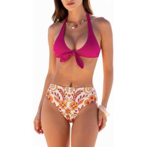 CUPSHE Women’s Bikini Sets Two Piece Swimsuit Halter Mid Rise Bunny Tie(Magenta/Yellow Floral)