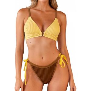 CUPSHE Women’s Bikini Sets Two Piece Swimsuit Sexy Low Rise Bathing Suits String Tie Color Block Textured(Yellow/Brown)