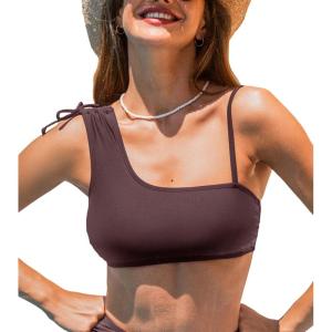 CUPSHE Women’s Bikini Top Swimsuit Only One Shoulder Bathing Suit Asymmetrical Neck Swim Tank Top(Brown)