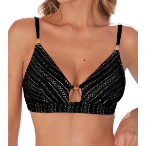 CUPSHE Women’s Bikini Top Swimsuit Only V Neck Textured Bathing Suit Back Hook Adjustable Straps Beading(Black)