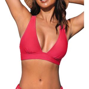 CUPSHE Women’s Bikini Top V Neck Triangle Top Wide Straps Cross Back Lace up(Red)
