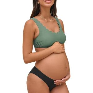 CUPSHE Women’s Maternity Bikini Sets Pregnancy Swimsuit Low Rise Scalloped Scoop Neck Adjustable Straps Back Hook(Olive Green/Black)