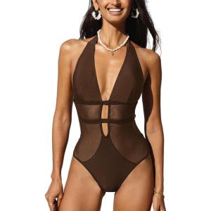 CUPSHE Women’s One Piece Swimsuit Bathing Suit Deep V Neck Halter Back Tie Mesh Swimwear(Brown)