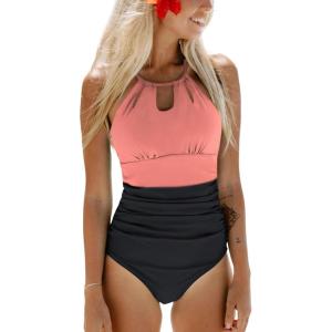 CUPSHE Women’s One Piece Swimsuit High Neck Tummy Control Swimwear Bathing Suit(Black / Pink)