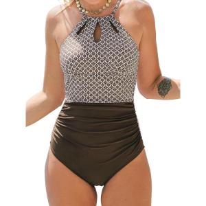 CUPSHE Women’s One Piece Swimsuit High Neck Tummy Control Swimwear Bathing Suit(Chocolate Brown/White)