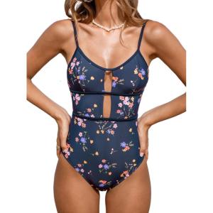 CUPSHE Women’s One Piece Swimsuit Scoop Neck Adjustable Straps Cutout Back Self Tie Bathing Suit(Navy Blue/Floral)