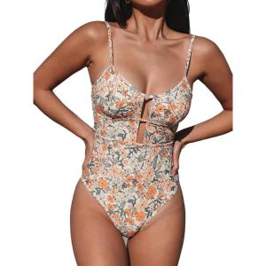 CUPSHE Women’s One Piece Swimsuit Scoop Neck Adjustable Straps Cutout Back Self Tie Bathing Suit(Yellow/Ditsy Floral)