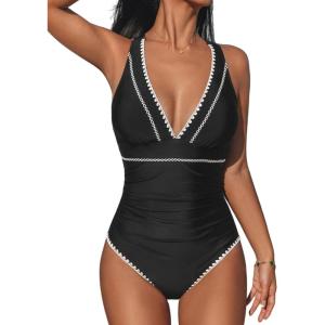 CUPSHE Women’s One Piece Swimsuit V Neck Shell Stitched Bathing Suit Adjustable Crisscross Strappy Ruched Swimwear(Black)