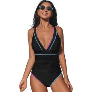 CUPSHE Women’s One Piece Swimsuit V Neck Shell Stitched Bathing Suit Adjustable Crisscross Strappy Ruched Swimwear(Black/Multicolor)
