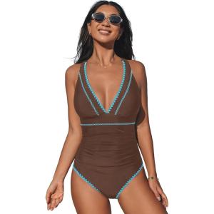 CUPSHE Women’s One Piece Swimsuit V Neck Shell Stitched Bathing Suit Adjustable Crisscross Strappy Ruched Swimwear(Brown/Teal)