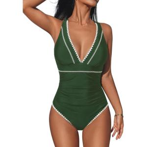 CUPSHE Women’s One Piece Swimsuit V Neck Shell Stitched Bathing Suit Adjustable Crisscross Strappy Ruched Swimwear(Green)