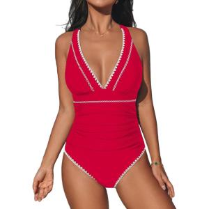 CUPSHE Women’s One Piece Swimsuit V Neck Shell Stitched Bathing Suit Adjustable Crisscross Strappy Ruched Swimwear(Red)