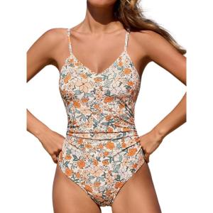 CUPSHE Women’s One Piece Swimsuits Bathing Suits Cutout V Neck Tummy Control Adjustable Straps O Ring(Beige/Floral)