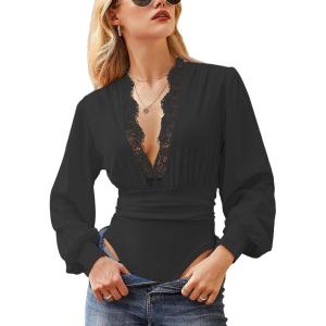 CUPSHE Women’s Plunge V-neck Lace Trim Long Sleeve Bodysuit Party Shirred Bottoming Blouse Tops(Black)